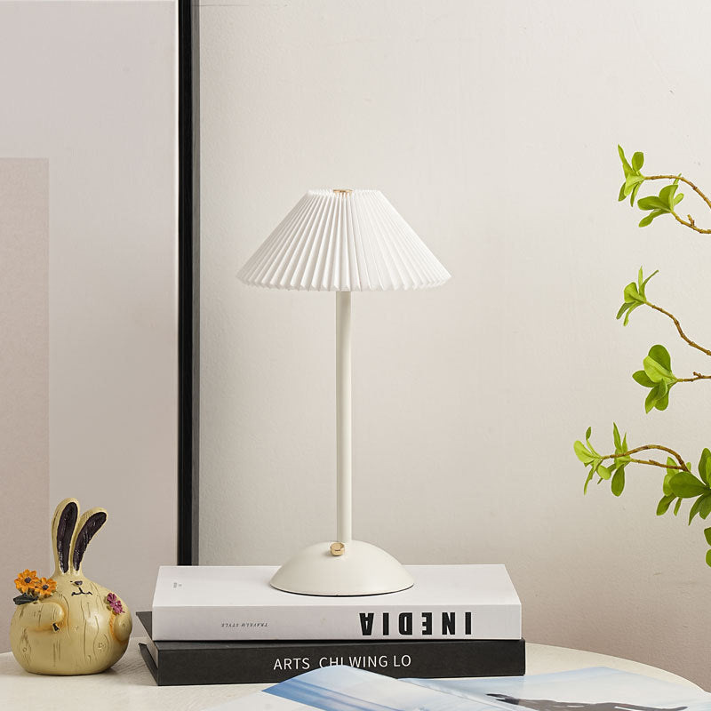 Modern Scandinavian Rechargeable Table Lamp – Iron Frame, Pleated Conical Fabric Shade, 1-Light, Perfect for Bedside
