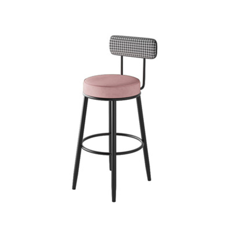 Sleek Contemporary Nordic Round Bar Stool Upholstered in Cotton-Linen Fabric with Backrest and Footrest for Dining Room
