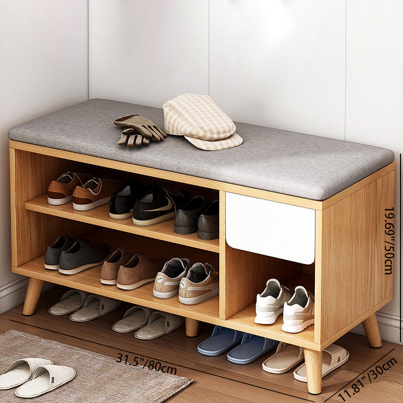 Contemporary Scandinavian Solid Wood Shoe Storage Cabinet, 2-Tier Entryway Organizer with Cotton-Linen Accents