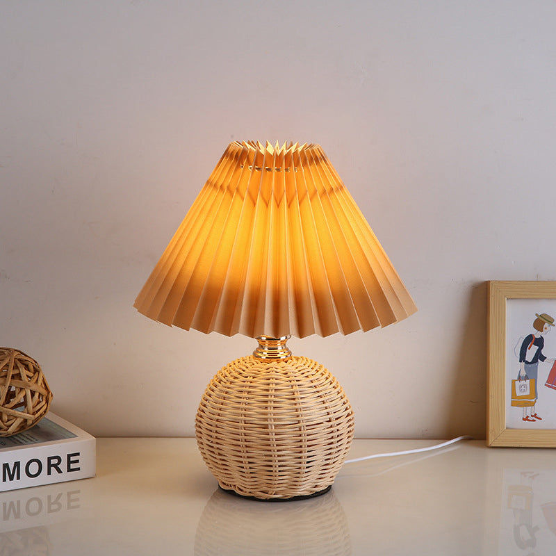 Chic Nordic Rattan Fabric Pleated Conic Ball LED Table Lamp for Bedroom - Modern Ambient Lighting