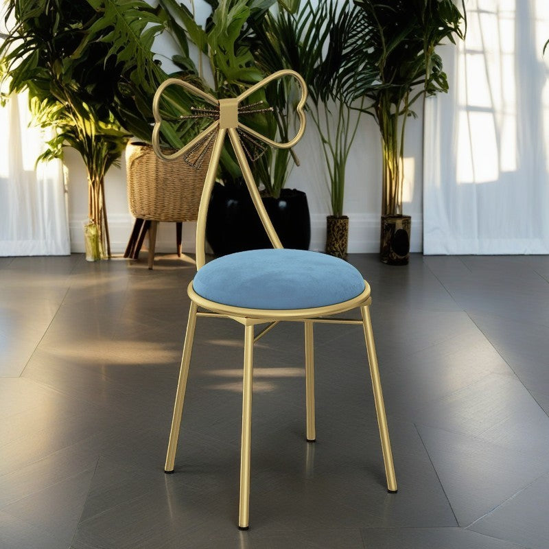 Contemporary Bow-Shape Velvet Upholstered Round Vanity Stool with Backrest - PU Leather & Metal Frame for Bedroom