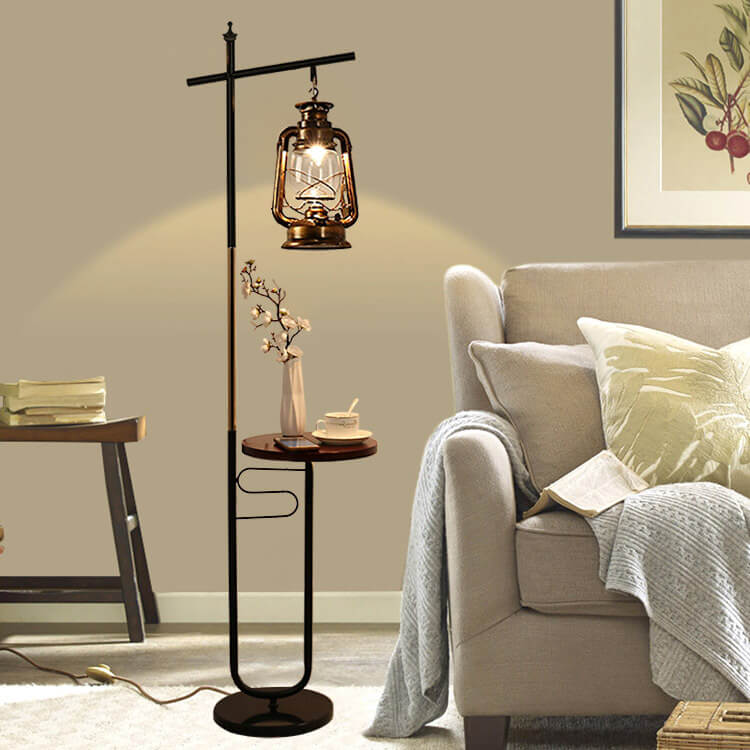 European Vintage Simple Lantern Floor Lamp with Marble Tabletop - Iron & Wood, 1-Light