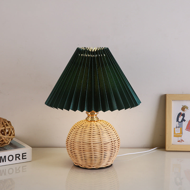 Chic Nordic Rattan Fabric Pleated Conic Ball LED Table Lamp for Bedroom - Modern Ambient Lighting