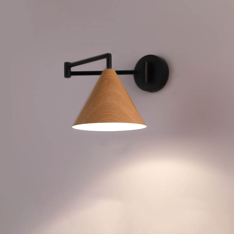 Nordic Minimalist Cone Swing Arm Wall Sconce Lamp - Wood Grain Iron Finish, 1-Light