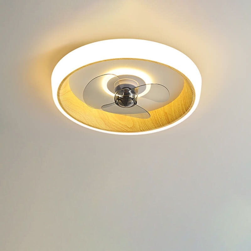 Nordic Minimalist Round LED Flush-Mount Ceiling Fan Light with Wood-Grain Acrylic Finish