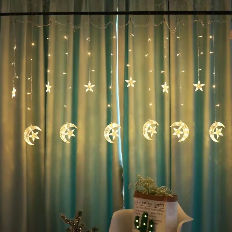 Solar-Powered LED Curtain Lights β Star & Moon Design, Outdoor Christmas String Lights for Patio, Garden and Camping
