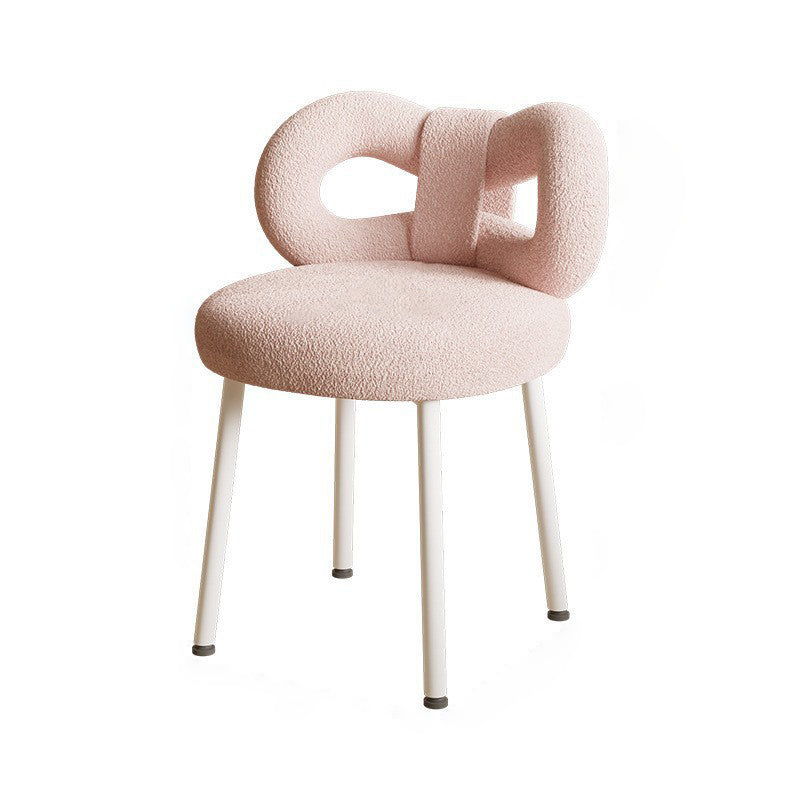 Modern Art Deco Butterfly Knot Vanity Stool – Round Lambswool and Faux Leather Seat, Metal Frame, Backrest, Armless, for Bedroom