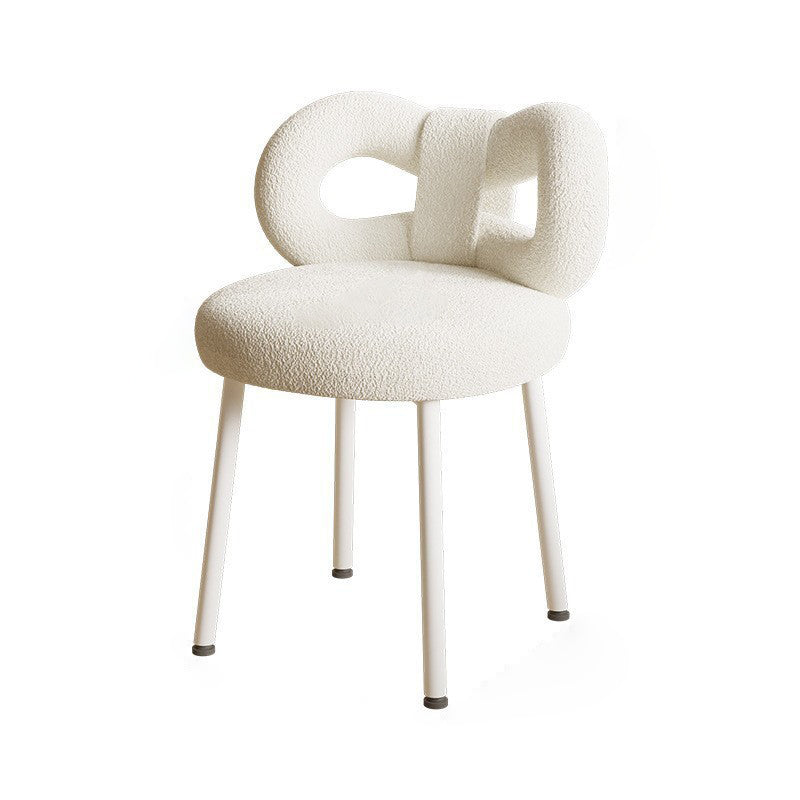 Modern Art Deco Butterfly Knot Vanity Stool – Round Lambswool and Faux Leather Seat, Metal Frame, Backrest, Armless, for Bedroom