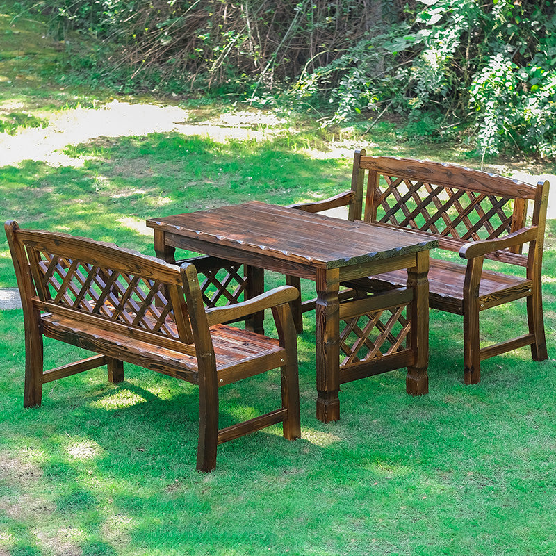 Contemporary Retro Fir Rectangular Outdoor Coffee Table & Chair Set with Lattice Design for Patio