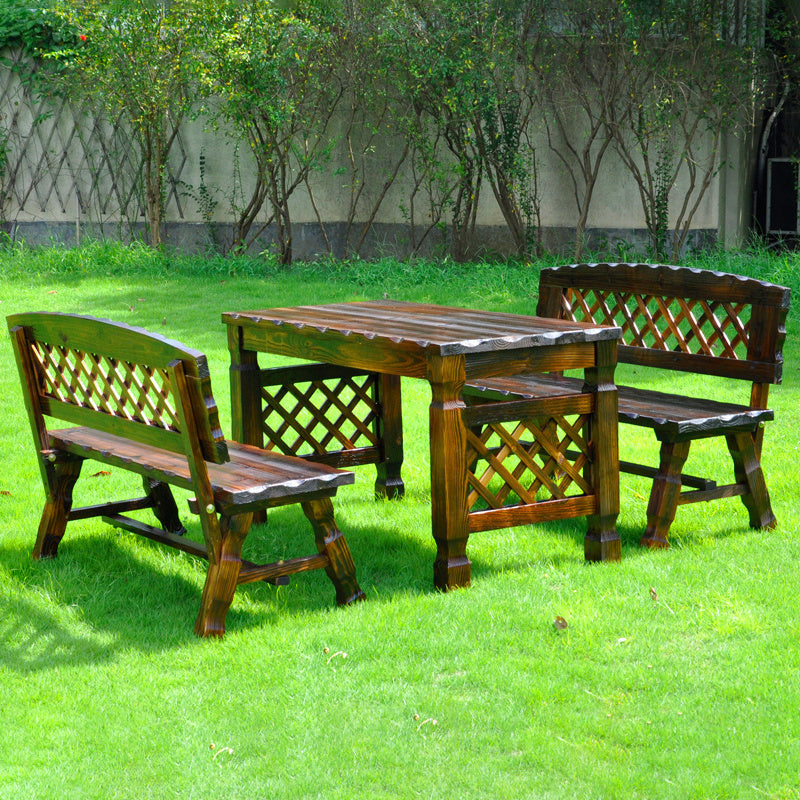 Contemporary Retro Fir Rectangular Outdoor Coffee Table & Chair Set with Lattice Design for Patio