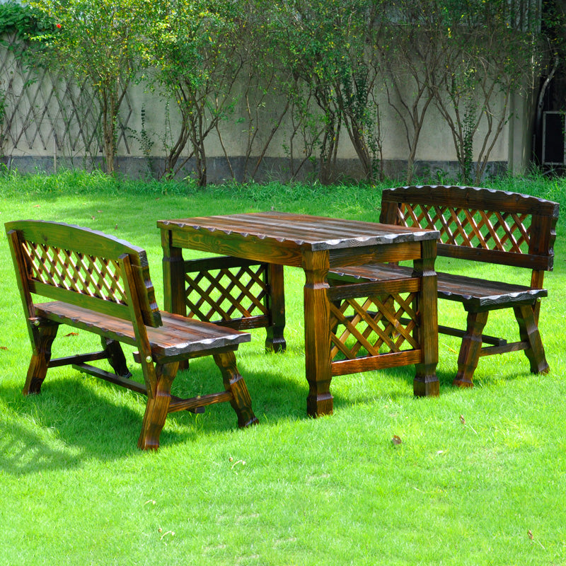 Contemporary Retro Fir Rectangular Outdoor Coffee Table & Chair Set with Lattice Design for Patio
