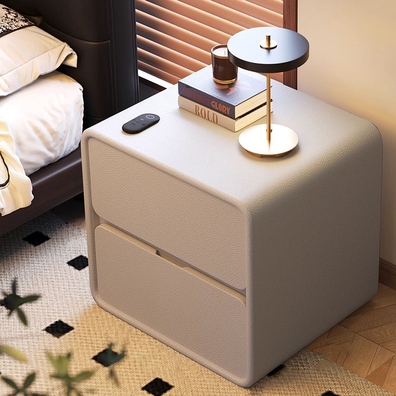 Modern Minimalist Rectangular Nightstand with 2 Drawers - MDF with Cat-Scratch-Resistant Leather Surface and Solid Wood Accents for Bedroom