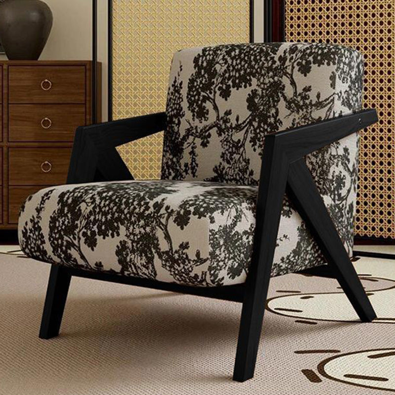 Traditional French-Style Rectangular Accent Chair in Cotton-Linen Fabric with Solid Wood Frame, Backrest and Armrests for Living Room