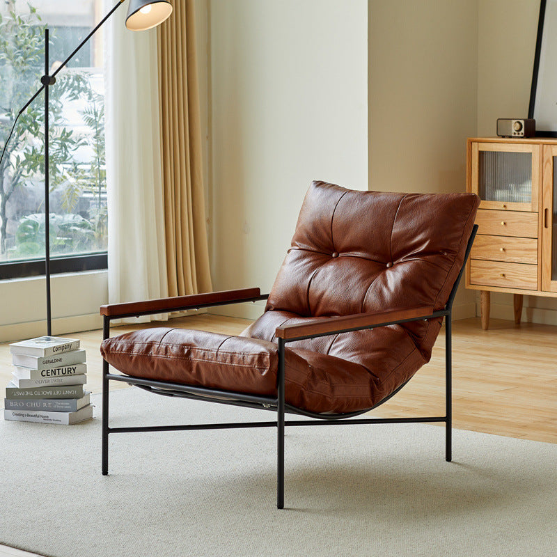 Modern Mid-Century Rectangular PU Leather Recliner Chair with Carbon Steel Frame, Rubberwood & Solid Wood Accents, PP Cotton Backrest for Living Room