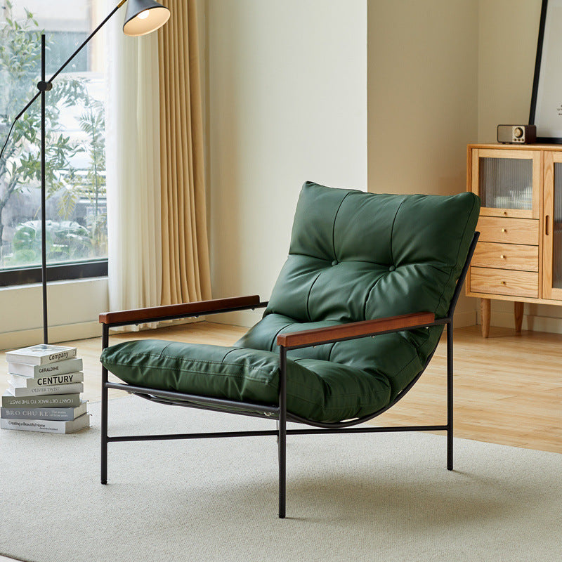 Modern Mid-Century Rectangular PU Leather Recliner Chair with Carbon Steel Frame, Rubberwood & Solid Wood Accents, PP Cotton Backrest for Living Room