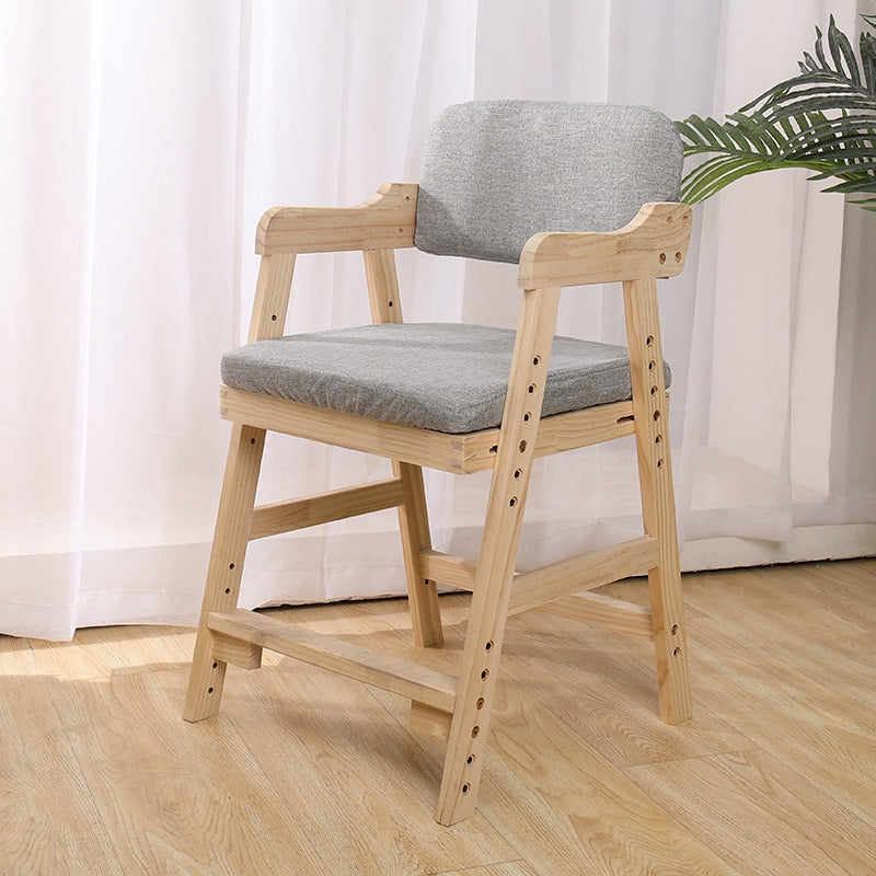 Modern Minimalist Adjustable Kids Chair in Solid Pine Wood with Cotton-Linen Upholstery and Foam Cushion for Bedroom