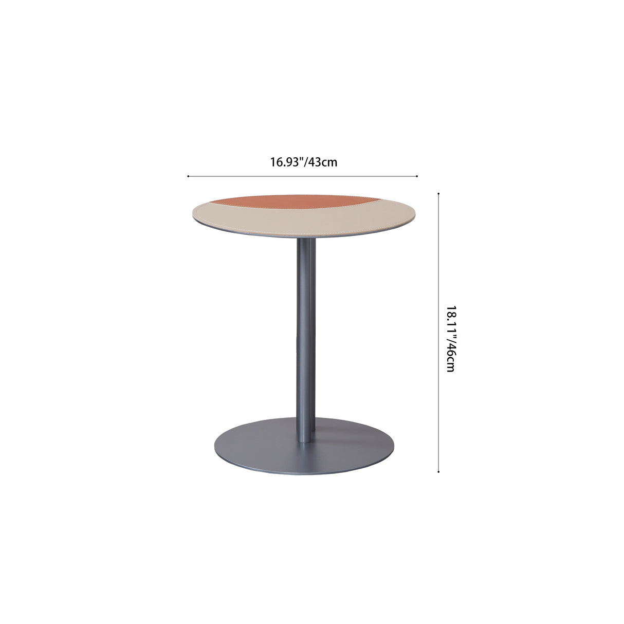 Round Two-Tone Faux Saddle Leather End Table with Metal Base – Minimalist, Compact Side Table for Living Room