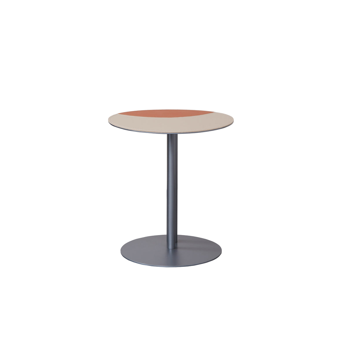 Round Two-Tone Faux Saddle Leather End Table with Metal Base – Minimalist, Compact Side Table for Living Room