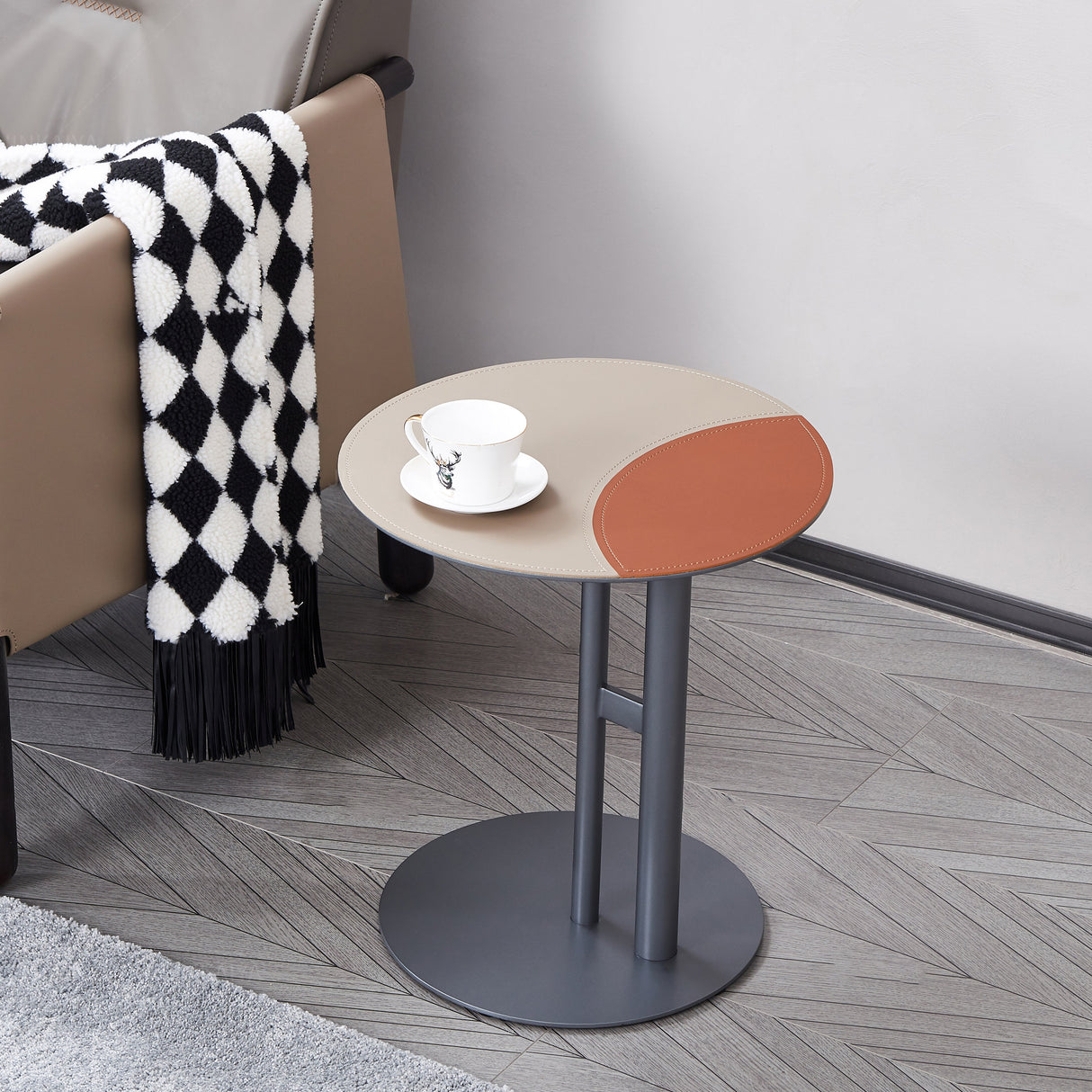 Round Two-Tone Faux Saddle Leather End Table with Metal Base – Minimalist, Compact Side Table for Living Room