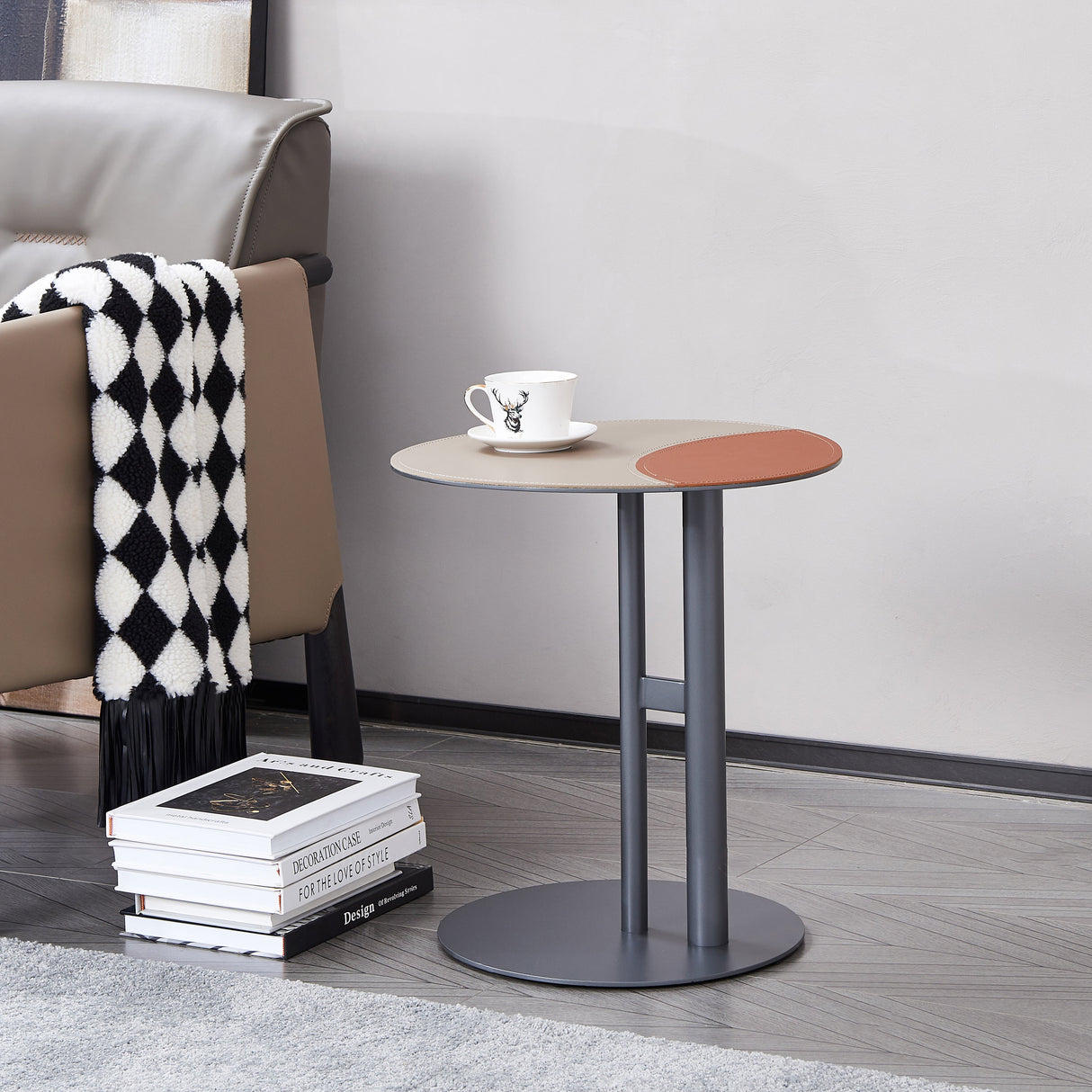 Round Two-Tone Faux Saddle Leather End Table with Metal Base – Minimalist, Compact Side Table for Living Room