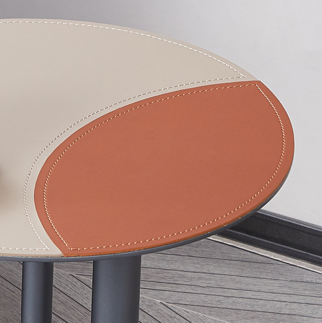 Round Two-Tone Faux Saddle Leather End Table with Metal Base – Minimalist, Compact Side Table for Living Room