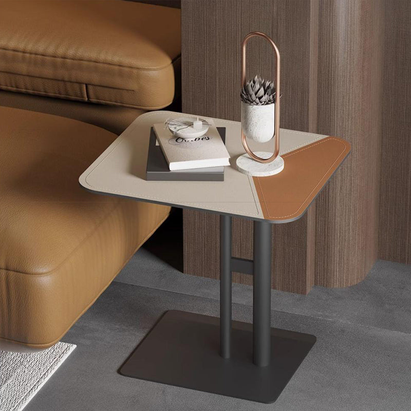 Modern Dual-Tone Faux Saddle Leather Square End Table with Asymmetrical Patchwork – Minimalist Corner Table for Living Room