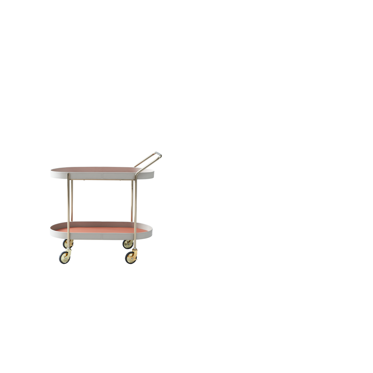 Portable Oval Faux Saddle Leather Side Table with a Gold Stainless Steel Frame — Innovative Rolling Dual-Tier Drink Trolley for the Dining Room