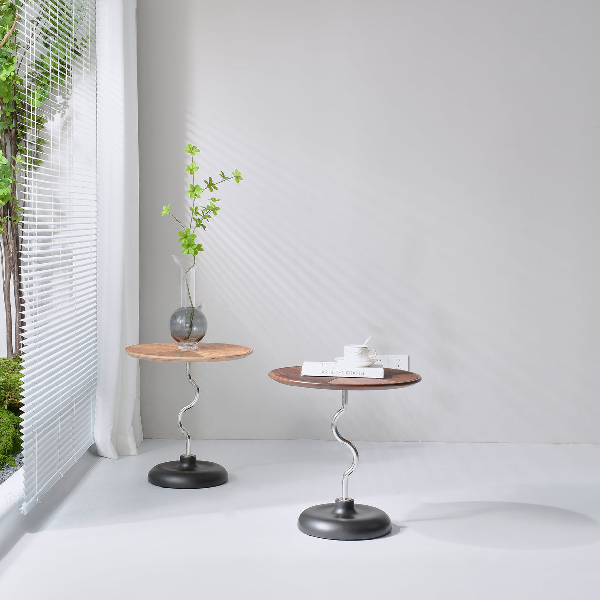 Artistic Round-Curved Stem End Table in Wood & Stainless Steel — Vintage Classic Living Room Accent