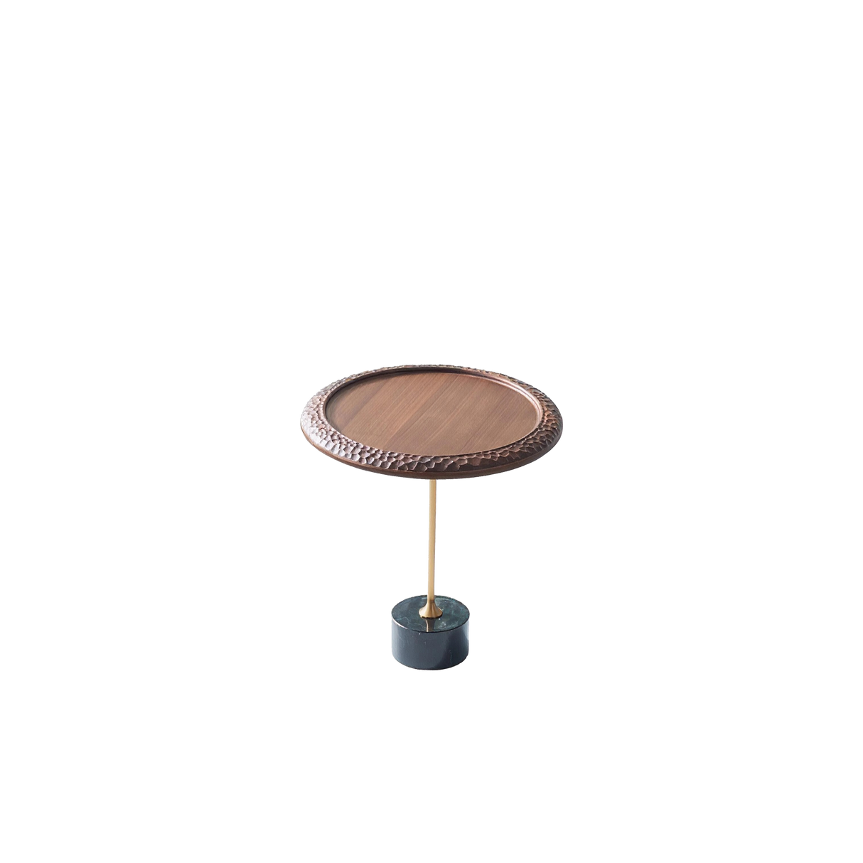 Hammered Edge Round Solid Wood End Table with Natural Marble Top - Vintage Artistic Living Room Side Table