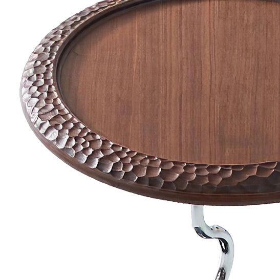 Hammered Edge Round Solid Wood End Table with Natural Marble Top - Vintage Artistic Living Room Side Table