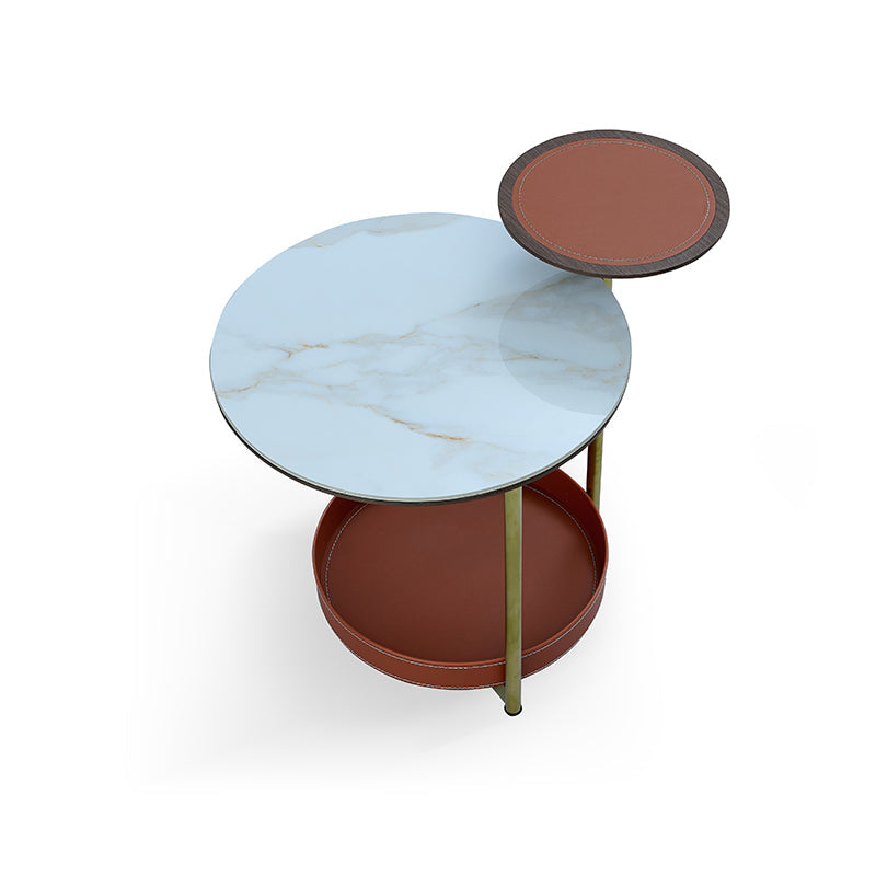 Two-Tier Round Rock Slab End Table with Ironwood Veneer and Faux Saddle Leather - Creative Accent Side Table for Living Room