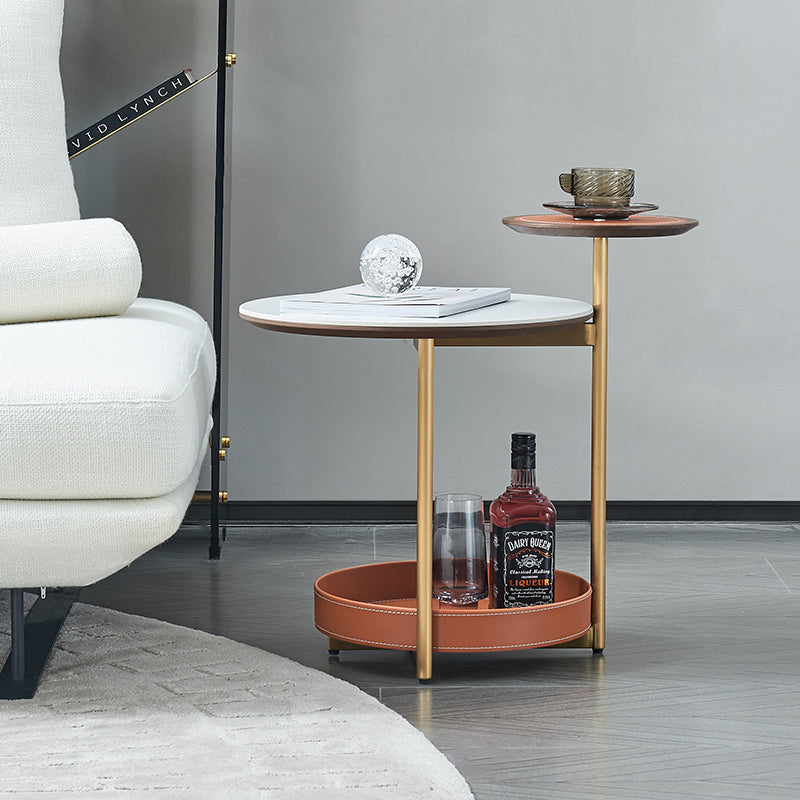 Two-Tier Round Rock Slab End Table with Ironwood Veneer and Faux Saddle Leather - Creative Accent Side Table for Living Room