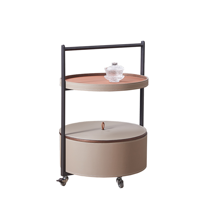 Round Faux Saddle Leather End Table on Smooth Casters – 1-Tier Living Room Accent Cart