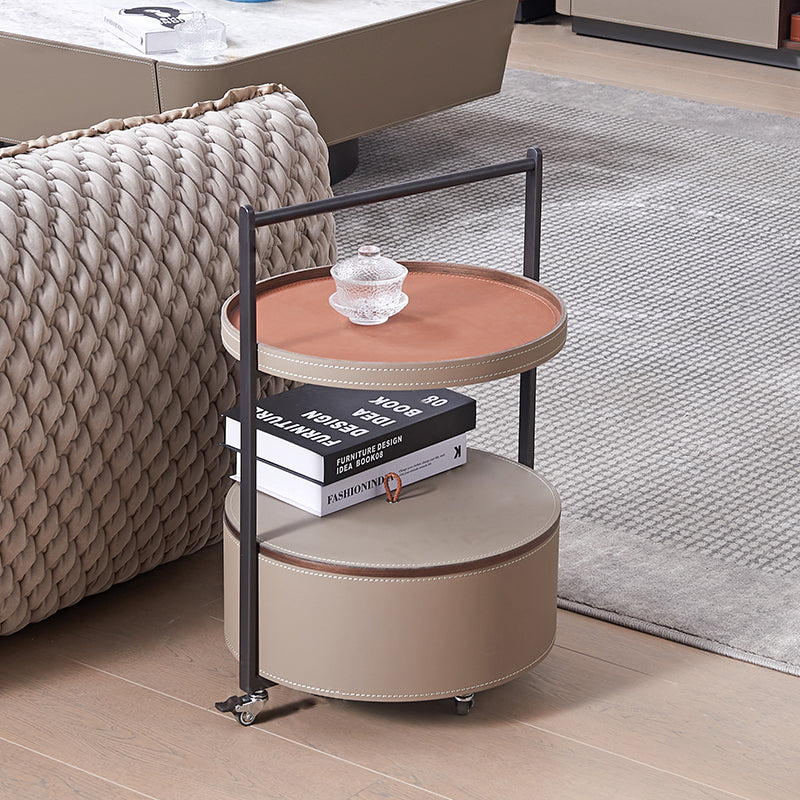 Round Faux Saddle Leather End Table on Smooth Casters – 1-Tier Living Room Accent Cart