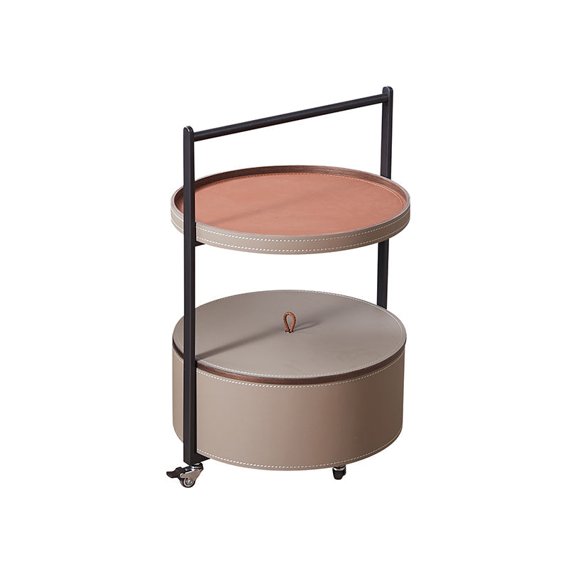 Round Faux Saddle Leather End Table on Smooth Casters – 1-Tier Living Room Accent Cart