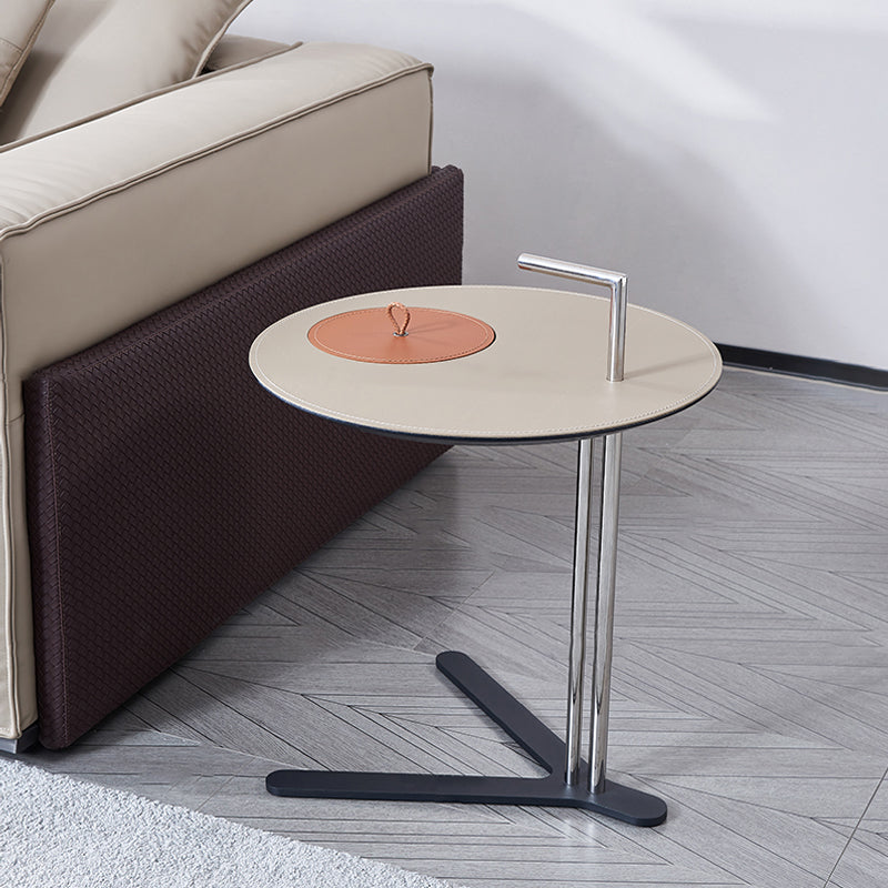 Round T-Base Faux Saddle Leather End Table – Luxury, Space-Saving C-Style Living Room Side Table