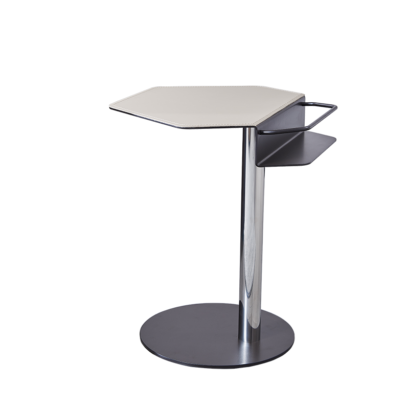 Geometric Round Faux Saddle Leather End Table with Storage Shelf – Modern Living Room Side Table