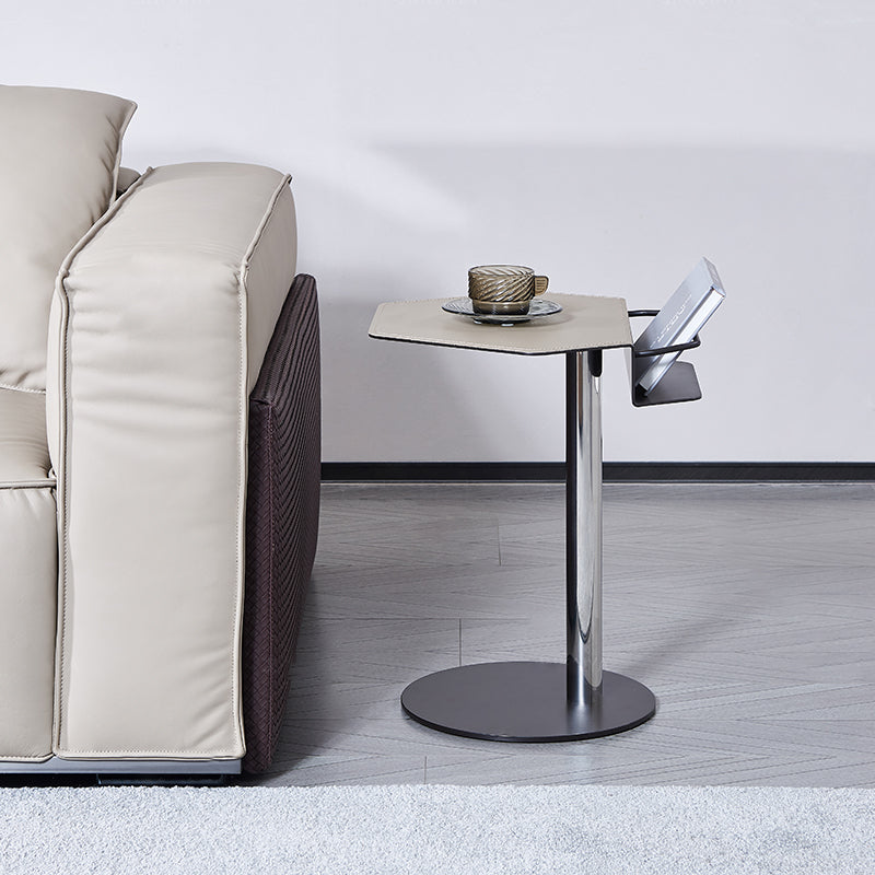 Geometric Round Faux Saddle Leather End Table with Storage Shelf – Modern Living Room Side Table