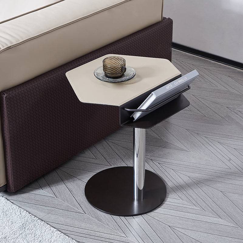 Geometric Round Faux Saddle Leather End Table with Storage Shelf – Modern Living Room Side Table