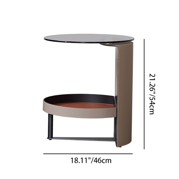 Round Tempered Glass End Table with Faux Saddle Leather Accents – Luxury, Elegant Living Room Side Table