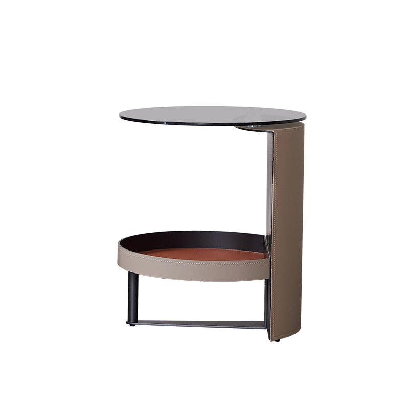 Round Tempered Glass End Table with Faux Saddle Leather Accents – Luxury, Elegant Living Room Side Table