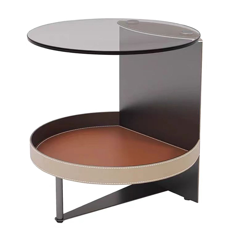 Round Tempered Glass End Table with Faux Saddle Leather Accents – Luxury, Elegant Living Room Side Table