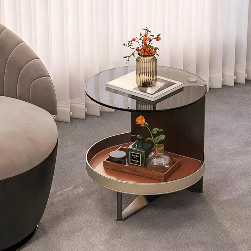 Round Tempered Glass End Table with Faux Saddle Leather Accents – Luxury, Elegant Living Room Side Table