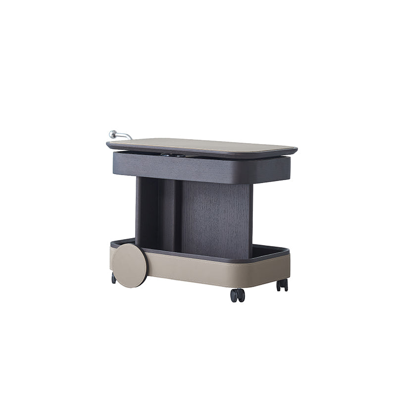 Rolling Adjustable Swivel Side Table with Faux Saddle Leather Top – Creative Multi-Tier Storage Trolley for Living Room