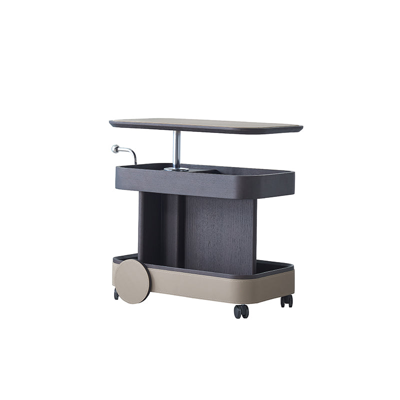 Rolling Adjustable Swivel Side Table with Faux Saddle Leather Top – Creative Multi-Tier Storage Trolley for Living Room
