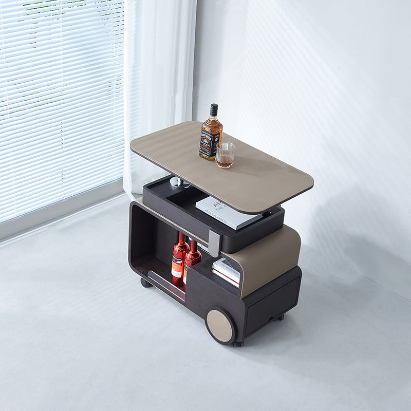 Elegant Rolling Faux Saddle Leather & Acrylic Side Table — Versatile Bar Cart with Adjustable Tabletop for Living Room