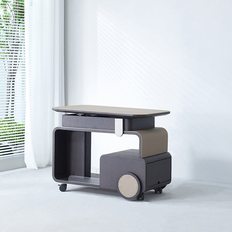 Elegant Rolling Faux Saddle Leather & Acrylic Side Table — Versatile Bar Cart with Adjustable Tabletop for Living Room