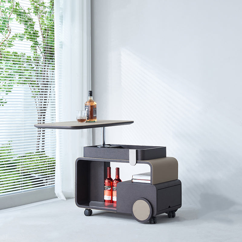 Elegant Rolling Faux Saddle Leather & Acrylic Side Table — Versatile Bar Cart with Adjustable Tabletop for Living Room