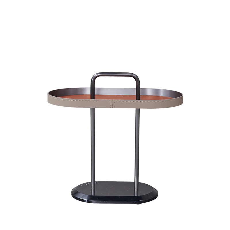 Elegant Oval Saddle Leather and Marble End Table - Nordic-Style Sofa Side Table for Living Room