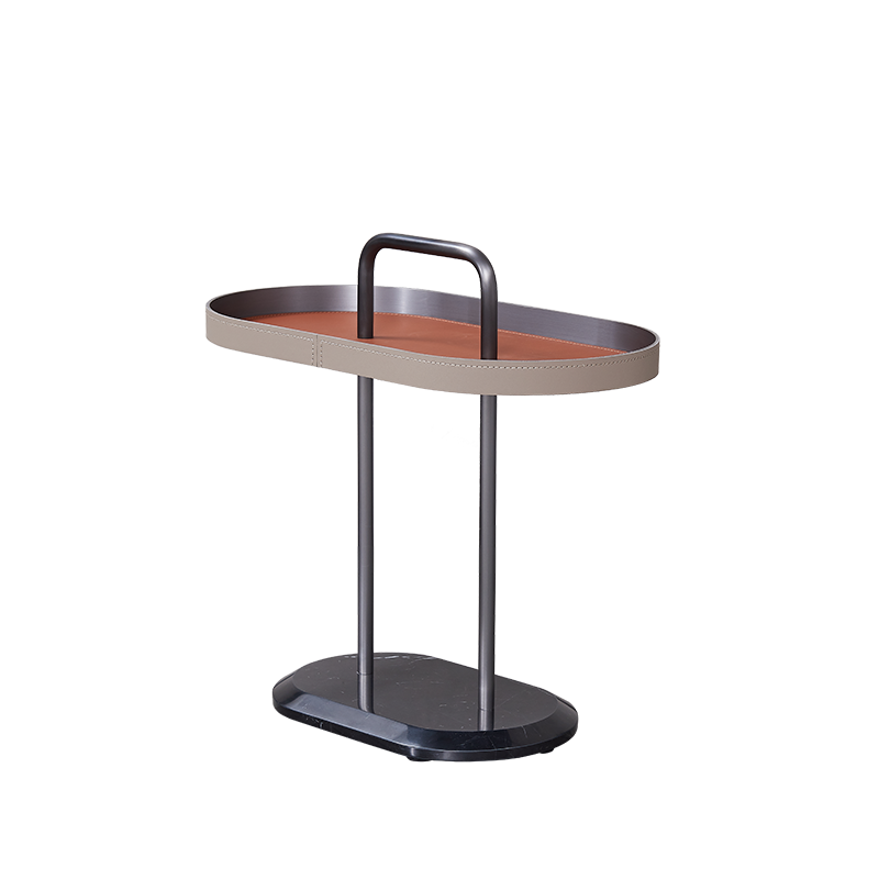 Elegant Oval Saddle Leather and Marble End Table - Nordic-Style Sofa Side Table for Living Room